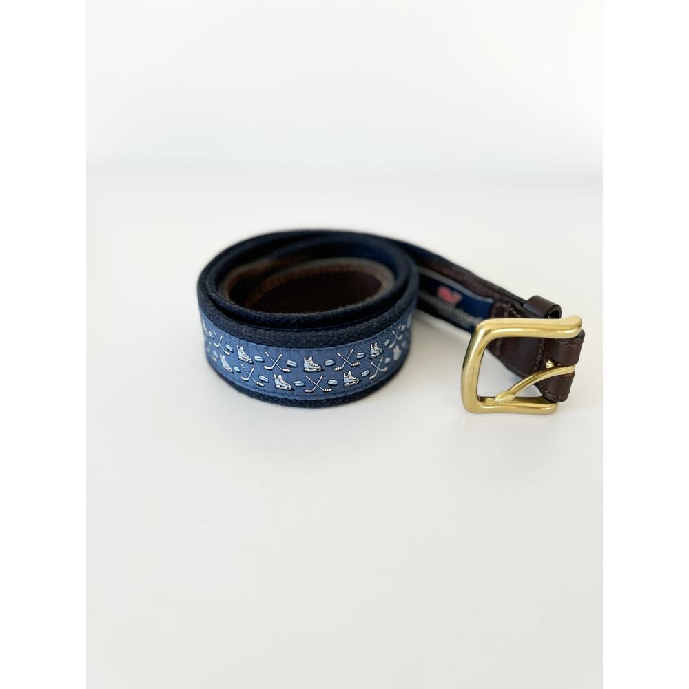 Vineyard Vines Hockey Pattern Canvas and Leather Belt 34